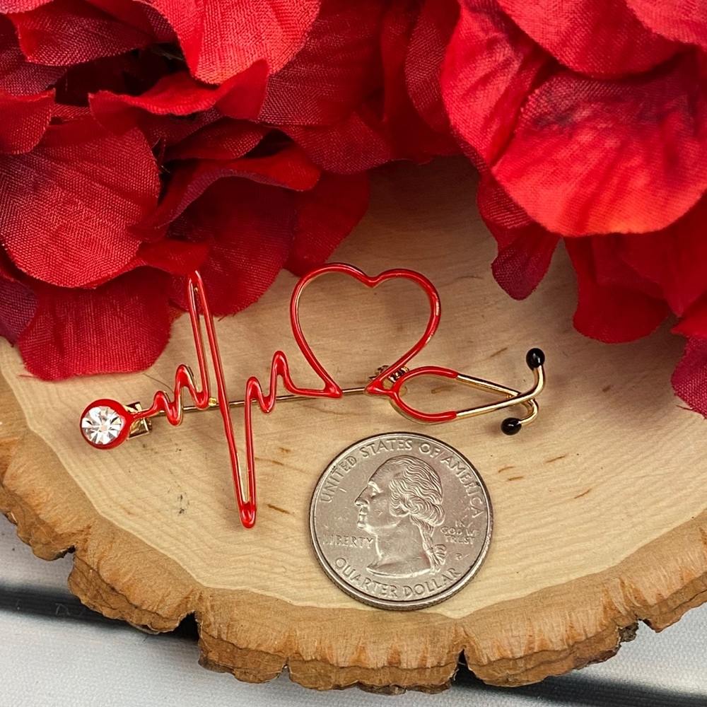 Red Heartbeat Stethoscope Brooch Lapel Pin - Picture 14 of 16